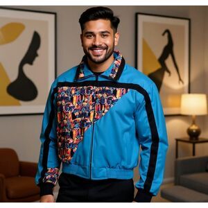 Vintage David James Native Mayan Aztec Colorblock Teal Bomber Jacket Mens Large